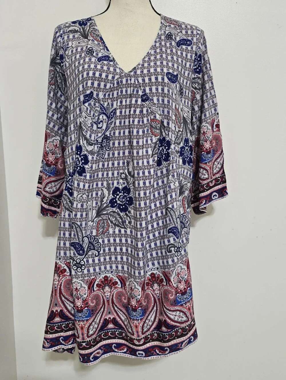 UMGEE size Large Boho Paisley V Neck 3/4 Sleeve Pocket Mini Dress Multicolor
